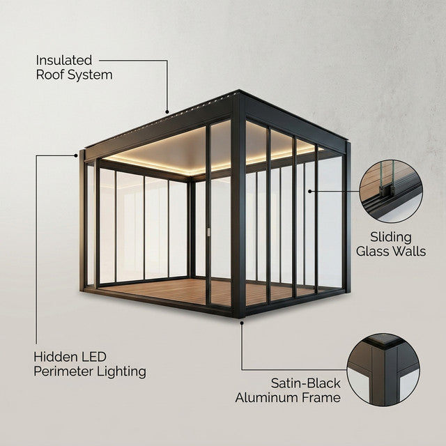 Glass Pavilion Built for Year-Round Living, Sliding Glass Walls, Insulated Roof, LED Lighting — infographic