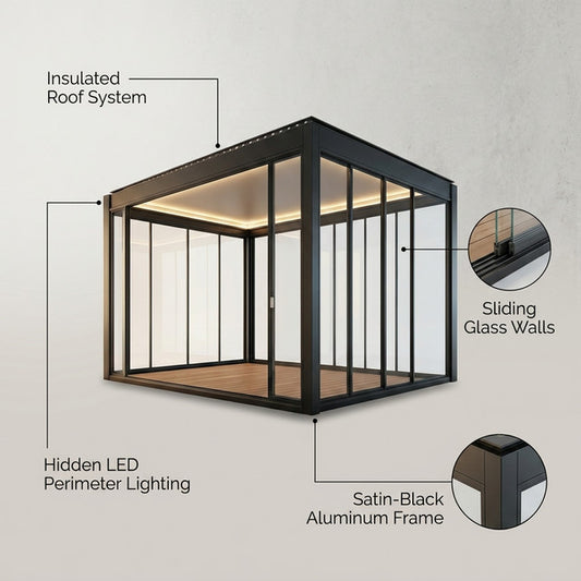 Glass Pavilion Built for Year-Round Living, Sliding Glass Walls, Insulated Roof, LED Lighting — infographic
