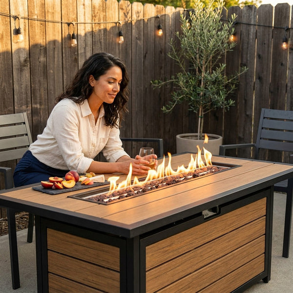 Fire Table Designed for Premium Outdoor Living, 60 Inch Length, Wood-Grain Composite, Powder-Coated Steel