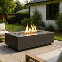 Modern Fire Table Built for Upscale Outdoor Entertaining, Composite Stone Top, Linear Burner, Glass Wind Guard